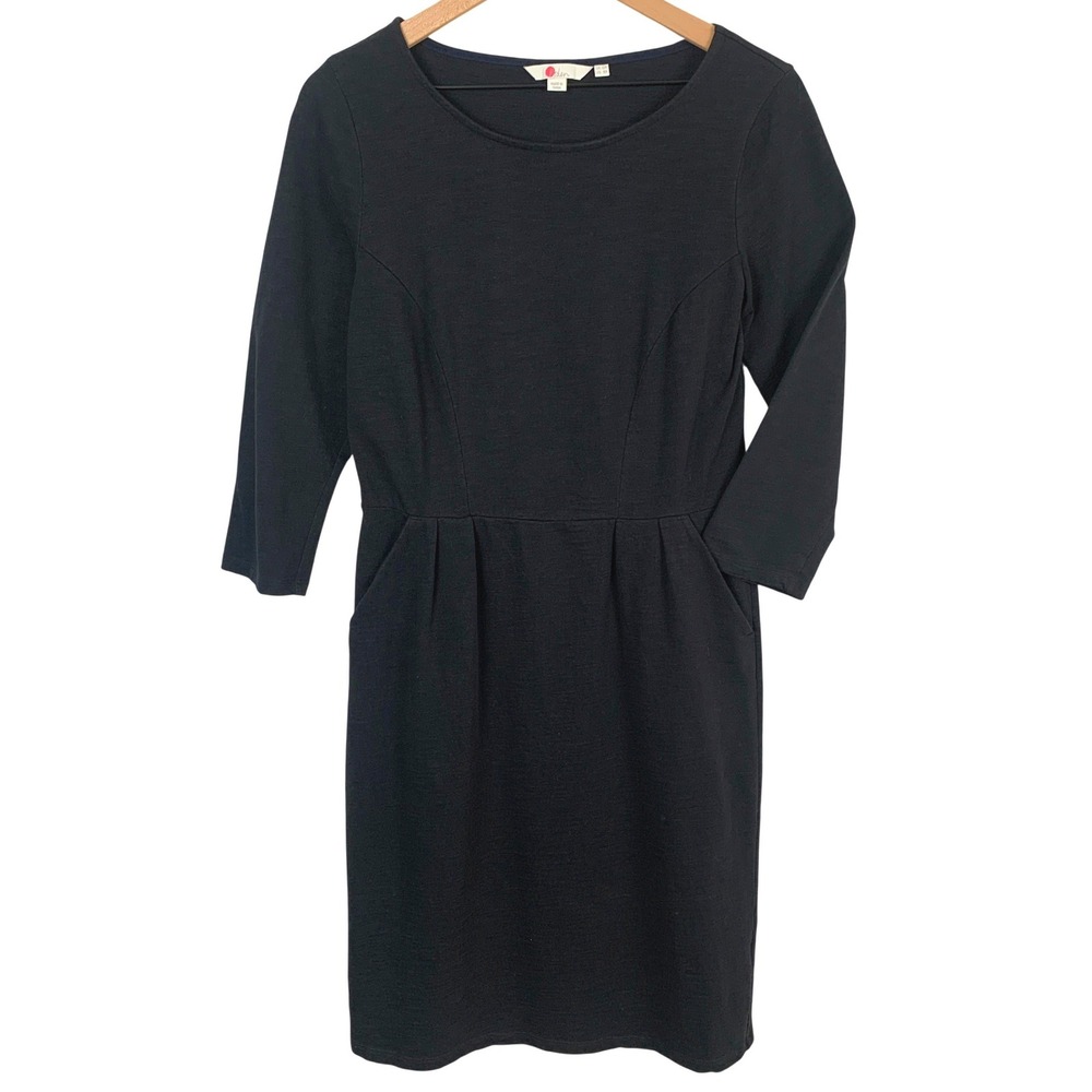 BODEN 100% Cotton 3/4 Sleeve Pleated Pocket Jersey Dress US 8R Black Minimalist